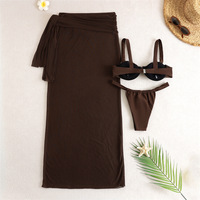 Ensemble de maillots de bain 3 pièces uni pour femme avec soutien-gorge à armatures et jupe, style bikini brésilien, tailles S-L