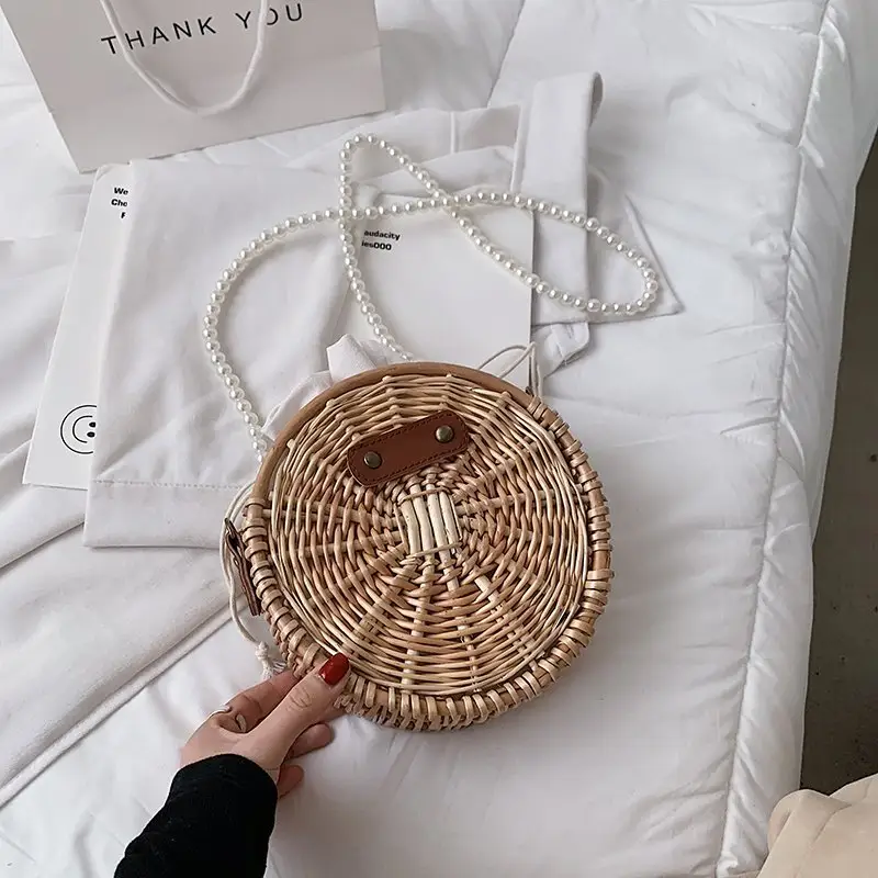 Handmade mini cute pearl chain round rattan straw beach woven straw clutch bag