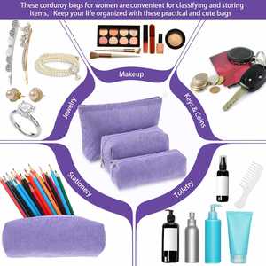 Purple Solid Style Corduroy Cosmetic <b>Bag</b> <b>Toiletry</b> Pouch with Zipper Makeup Organizer - Product Image 3