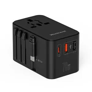 Wontravel 70W GaN Telefone Carregamento Cabo Retrátil Tipo C Adaptador De Viagem Internacional Adaptador De Viagem Universal com USB