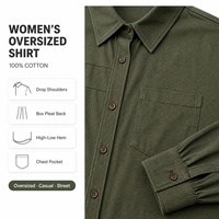 Chemise utilitaire en coton pour femme, vert olive uni, coupe oversize, épaules tombantes, manches longues, poches plaquées, style décontracté, vente en gros