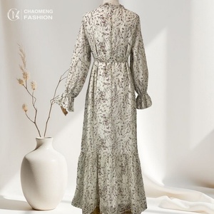 6434# Fashion Floral Flare Chiffon Abaya Dress Long Sleeve Elegant Women's A-line Dresses With Full Lining - Product Image 6