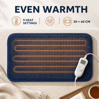 Coussin chauffant électrique en polaire cristalline double face bleu marine, taille 30x60cm, 9 niveaux de chauffe, protection contre la surchauffe, lavable en machine