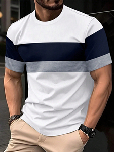 Camiseta de Punto para <span class=keywords><strong>Hombre</strong></span>, Nueva Colección 2026, Cuello Redondo, Manga Corta, Rayas Combinadas, Transpirable, Holgada, Formal, Lavada, para Uso Diario - Product Image 1