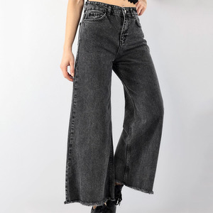 Op maat gemaakte dames jeansbroek met hoge taille, rauwe zoom, rechte pijpen, zwarte wijde jeans voor vrouwen - Product Image 2