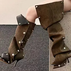 Moda Botão Rebite Mulheres 2023 Inverno Novos Sapatos Plissados Feminino Saltos Finos Senhoras Ocidentais Joelho Botas Altas