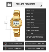 SKMEI # Montre numérique carrée classique 2387 avec bracelet en acier inoxydable, grand écran LCD, double fuseau horaire, étanche 30M, cadeau idéal