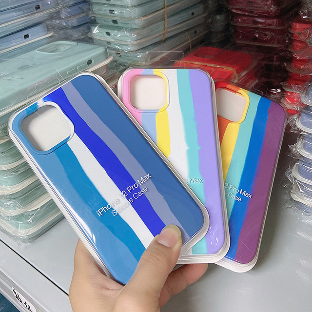 For iPhone 13 Case Original Liquid Rainbow Silicone Phone Case for iPhone 14 13 12 Pro Max Four Sides Silicone Back Cover Case