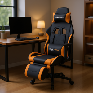 Silla de Juego Negra y Naranja, de Cuero PU, con Función de Masaje, para Oficina en Casa - Product Image 2