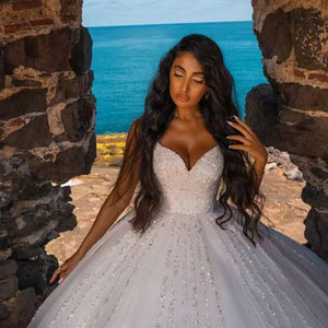 African Style Sleeveless <b>Spaghetti</b> <b>Strap</b> Sparkling Lace Wedding Dress Princess Waistline Sweetheart Neckline White Polyester - Product Image 3