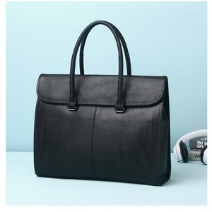 Men's Genuine Leather <b>Briefcase</b> 14 Inch Business Laptop Bag Top Layer Cowhide Black Cover Type Soft Handle - Product Image 3