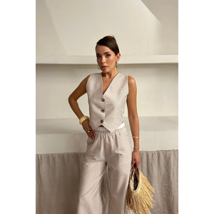 Conjunto Casual de Tela de Punto de Lino Beige Talla XS con Diseño de Rayas Tipo Waffle, Chaleco Corto y Pantalones Cortos con Estampado Primaveral - Product Image 2