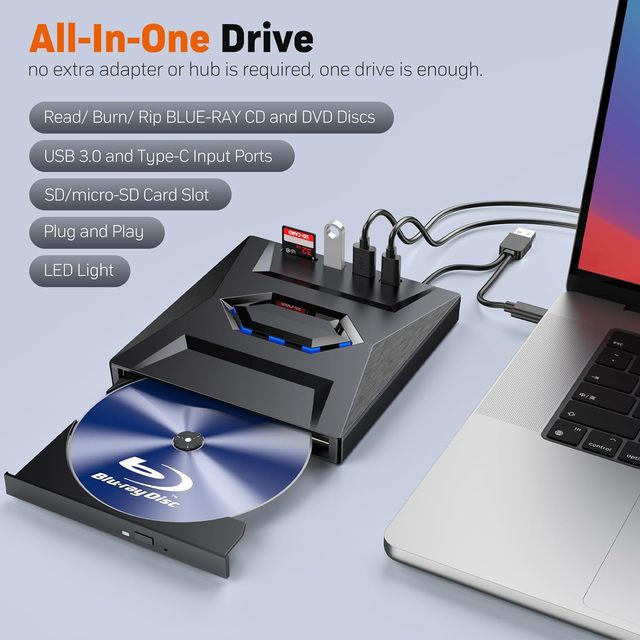 Multi-functional External Blu-ray Drive Portable Blu-ray Player/recorder/reader Equipped with USB 3.0 Type-C SD Card Slot