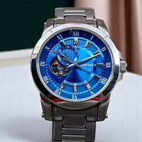 Jam Tangan Mekanik Valerius untuk Pria, Dial Biru Beralur Model Open Heart, Tali Baja