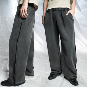 KingSen 100% Cotton Breathable Acid Washed Vintage Loose-Fit Distressed Pants for Men OEM Streetwear <b>Elastic</b> Waist with Pocket - Product Image 1