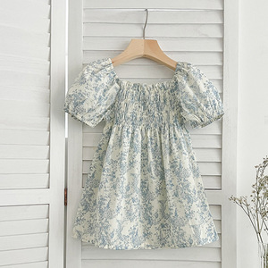 Robe d'été pour <span class=keywords><strong>filles</strong></span>, bleu floral, col carré, manches bouffantes, taille smockée, adorable robe d'été pour tout-petits, élégante, décontractée, vêtements d'été pour enfants - Product Image 2
