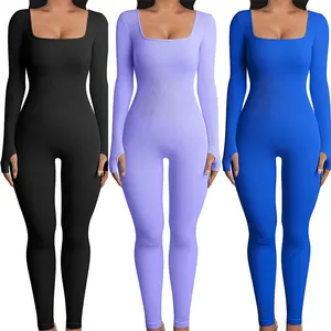 Jumpsuit Skinny Wanita, Jumpsuit Warna Polos Rajut Lengan Panjang Leher Persegi Romper Olahraga Yoga Playsuit