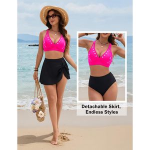 High Waisted <b>Bikini</b> <b>Set</b> For Women 3 Piece Tummy Control Swimsuit With Detachable <b>Skirt</b> Modest Bathing Suit Deep V Neck Push Up - Product Image 4