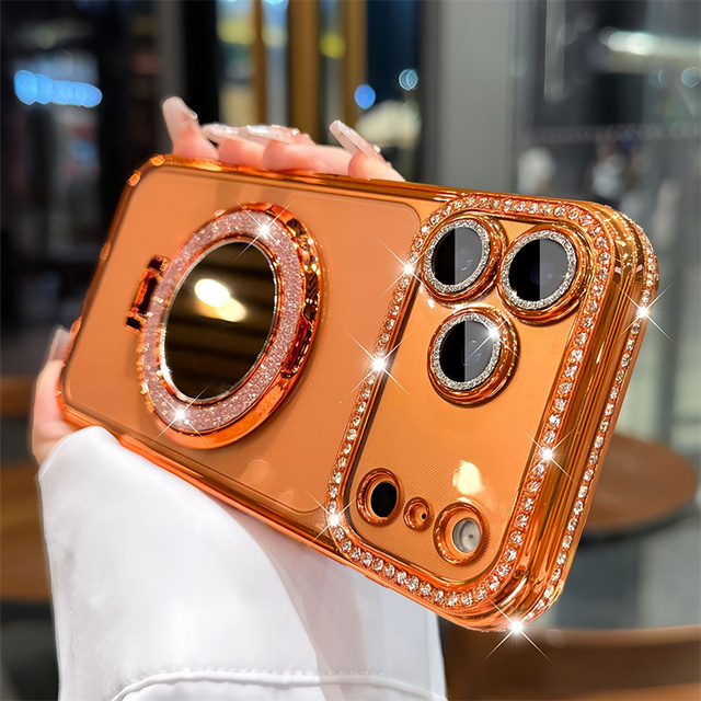 Crystal Rhinestone Phone Case for iPhone 15 16 17 18 Pro Max Mirror Kickstand Bumper Case Bling Luxury Cover for Samsung S25 S26