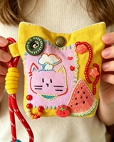 Mini sac à main en peluche brodé à la main en forme de chat, mignon, décoratif, avec cordon tressé, porte-clés, cadeau artisanal DIY pour femme