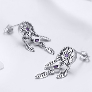 Pendientes de plata de ley 925 con atrapasueños para mujer, joyería de circonita cúbica púrpura, SCE502, para <span class=keywords><strong>BAMOER</strong></span> - Product Image 3