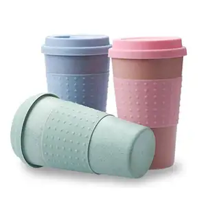 Portable 16oz Wheat Straw Reusable Bamboo Fibre Drink Mugs Eco Friendly Travel Silica Gel Coffee Cups