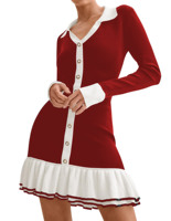Mini robe moulante à volants personnalisée OEM ODM pour femmes Robe pull à manches longues et col à revers contrasté pour l'automne