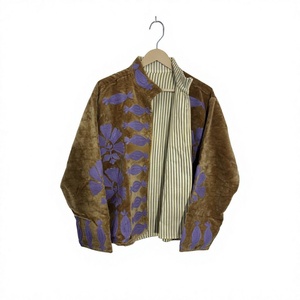 Velvet Blouson Jacket <b>Women</b> Mandarin Collar Full Sleeve Floral Print Autumn <b>Coat</b> Polyester Lining Pullover Style - Product Image 1