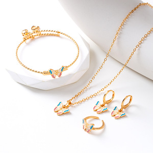Set di gioielli in rame placcato oro per bambini, 4 pezzi, con anello, collana, orecchini e braccialetto a tema cartoni animati, idea regalo per compleanno. - Product Image 1
