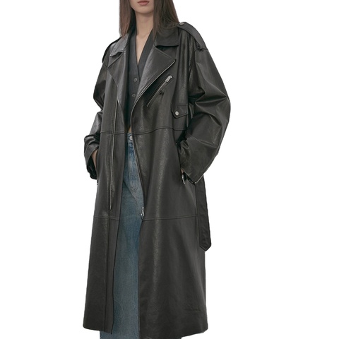3259 Hot Sale Black Leather Coat Turn Down Collar Zipper High Quality Long Real Leather Trench Coat for Women