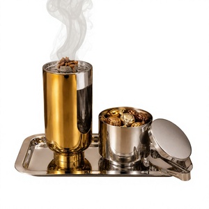 Juego de quemador de incienso Mabkhara de metal con pinzas y tapa en bandeja, acabado en oro y plata, soporte de aromaterapia para uso en interiores. - Product Image 1