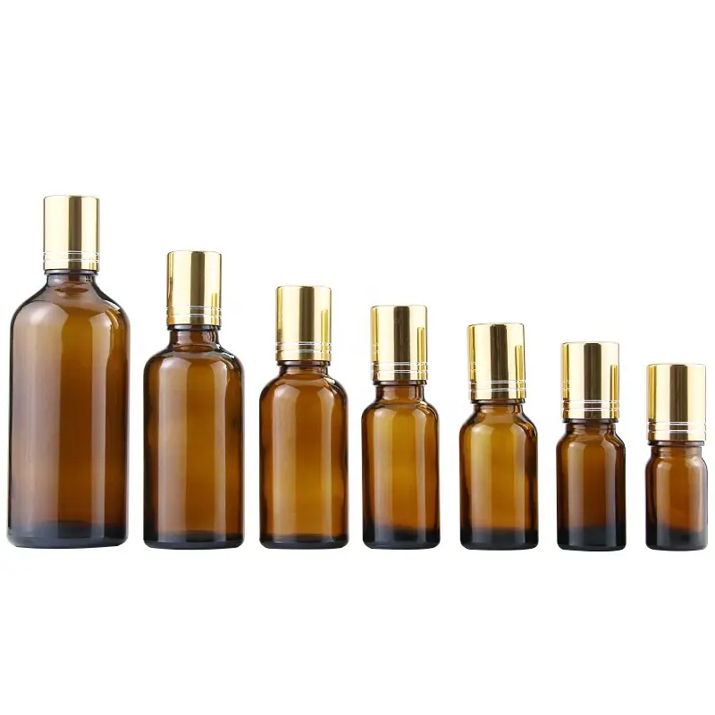 Botol kaca amber roll-on, 5ml 10ml 15ml 20ml 30ml 50ml 100ml dengan tutup emas kosmetik minyak esensial kemasan prasap kaca