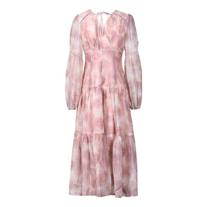 Abito Vintage Autunnale <span class=keywords><strong>Rosa</strong></span> Fumo con Stampa, Elegante <span class=keywords><strong>Vestito</strong></span> Francese da Donna con Maniche a Lanterna, Scollo a V, Vita Alta, Antistatico, in Pizzo - Product Image 3