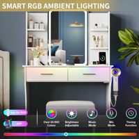 Petit bureau de toilette moderne avec miroir LED, tiroirs de rangement et chaise - Table de maquillage pour chambre à coucher