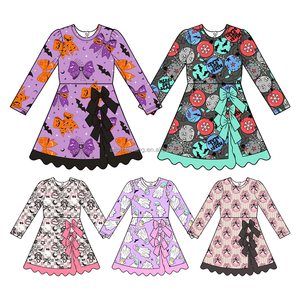 Robe d'Halloween personnalisée pour filles, manches longues, en tissu yoga, imprimé fantôme et citrouille, double nœud latéral, ourlet festonné - Product Image 3