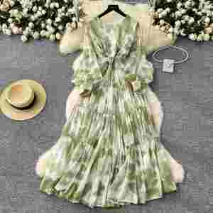 Vestido Midi Casual de Verano 2025 con Cuello Redondo y Manga Linterna para Mujer, Estampado con Encaje y Estilo Túnica Romana - Product Image 2