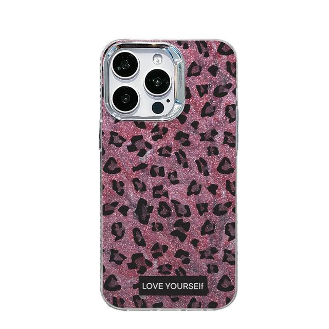 Y2K Pink Glitter Leopard Phone Case Luxury Sparkly Love Quote Clear TPU Shockproof Cover for iPhone 16 15 14 13 12 11 Pro Max