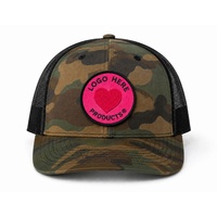 Casquette de baseball structurée à 6 panneaux, style mode, avec logo patch tissé, face camouflage, dos en maille respirante, type trucker, vente en gros
