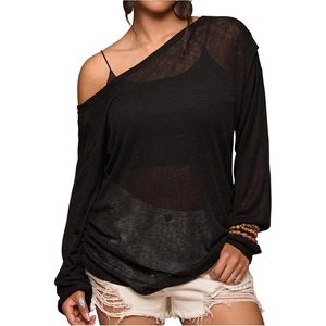 Top de punto transparente de talla grande para mujer, con hombros descubiertos, manga larga, cuello asimétrico, ajuste holgado, para cubrir trajes de baño o como prenda exterior. - Product Image 1