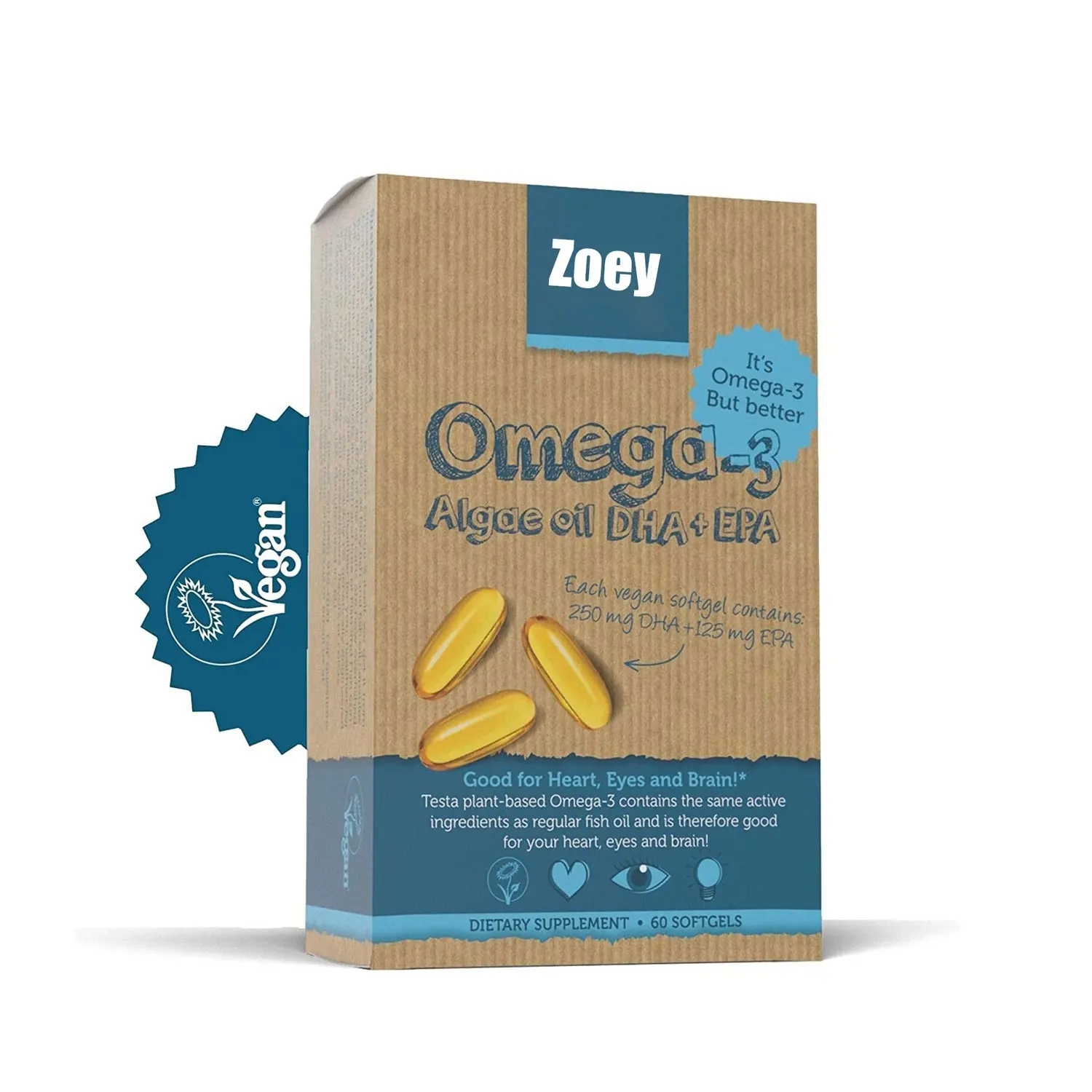 Zoey Suplemen Omega 3 Vegan, Minyak Alga DHA & EPA Asam Lemak Omega 3 dari Alga Mendukung Otak Jantung dan Kesehatan Sendi