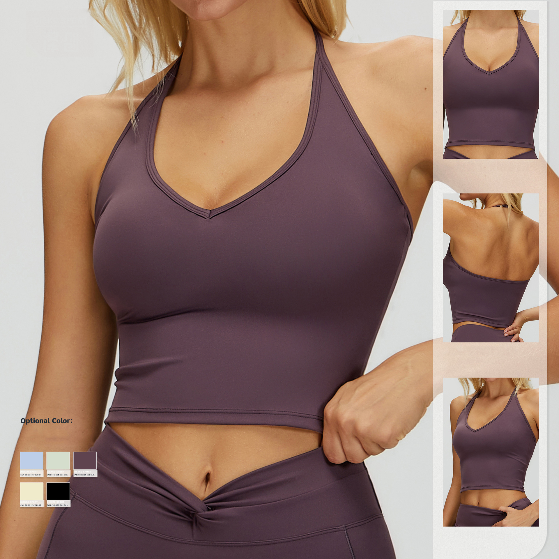 Custom Logo Seamless High Support Halter Neck Sexy Bra Women Workout Gym Fitness High Quality Backless Elastic Sports Yoga Bra