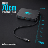 Station de charge GaN 288W, chargeur rapide 8-en-1 USB C PD 100W, câble rétractable pour ordinateur portable et téléphone, fourniture d'usine