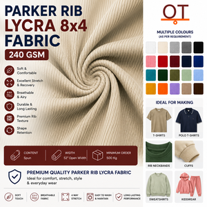 ผ้า Parker Rib Lycra 8x4 ความหนา 240 GSM ความกว้าง 52 นิ้ว ผ้าถักยืดหยุ่นสำหรับเสื้อยืดและเสื้อสเวตเชิ้ต - Product Image 1