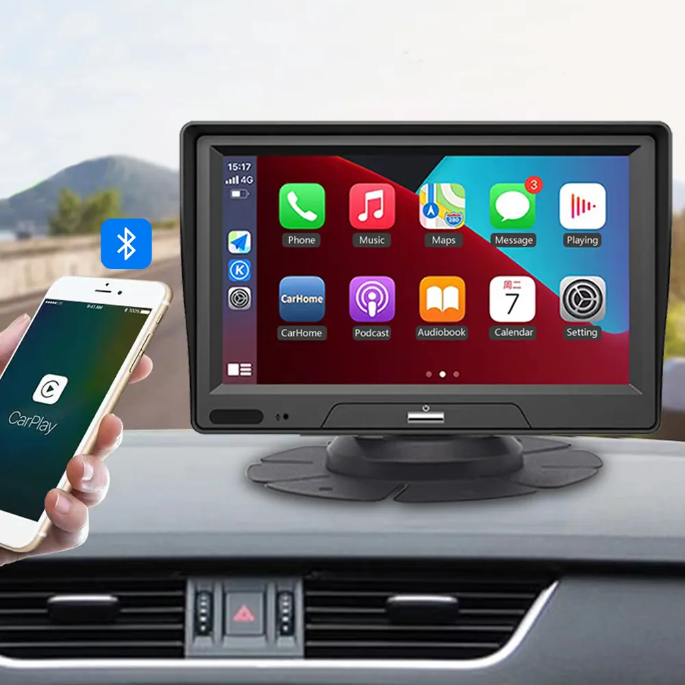 2023 Hete Verkoop 7 "Carplay Draadloos Scherm Spiegelen Touchscreen Auto Draagbare Draadloze Carplay Met Voor-En Achteruitkijkcamera