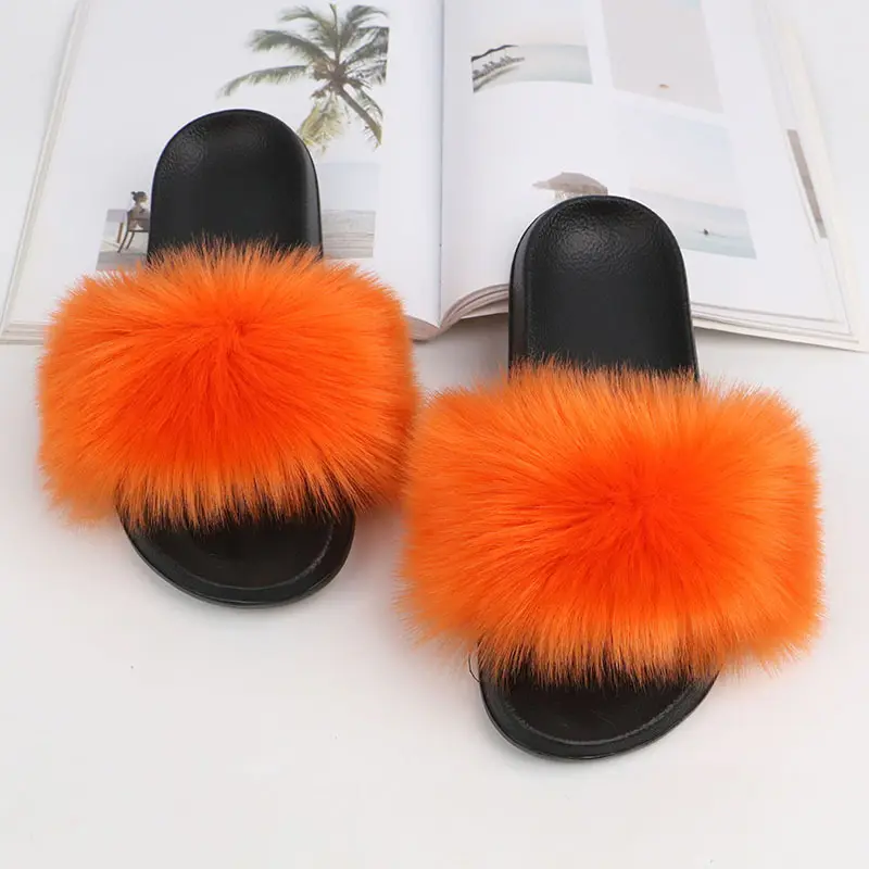 Fashion Women Vegan Faux Fur Slider Slippers 2021 new fox Fluffy lady household House Indoor winter household women's slippers