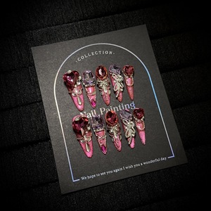 Faux ongles de luxe rouge rose œil de chat faits à la main, patchs d'ongles artisanaux lourds pour rendez-vous, festivals et décoration d'ongles - Product Image 1