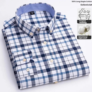 Camisa de Manga Larga <span class=keywords><strong>a</strong></span> Cuadros Clásica para Hombre, Gris, 100% Algodón, Transpirable, Casual, con Botones, para Oficina y Negocios - Product Image 5