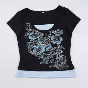 Haut court à manches courtes pour femme, imprimé floral bleu, col en U, avec ourlet contrastant, pour l'été, streetwear et tenues décontractées chics - Product Image 6