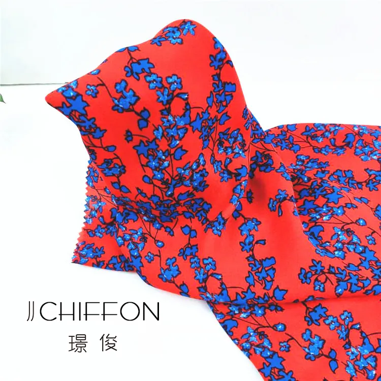 HIGH QUALITY 75D 2400T 100%POLY MOSS CREPE RED BASE BLUE LEAF PRINT CHIFFON FABRIC FOR DRESS