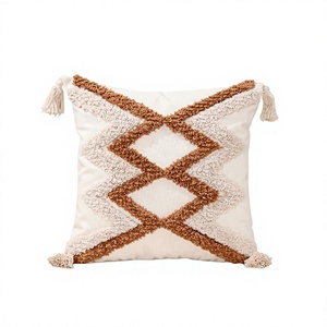 Bohemian Square Woven <b>Throw</b> <b>Pillow</b> Geometric Tufted Pattern Tassels Embroidery Design Soft Textile Decorative Cushion - Product Image 1